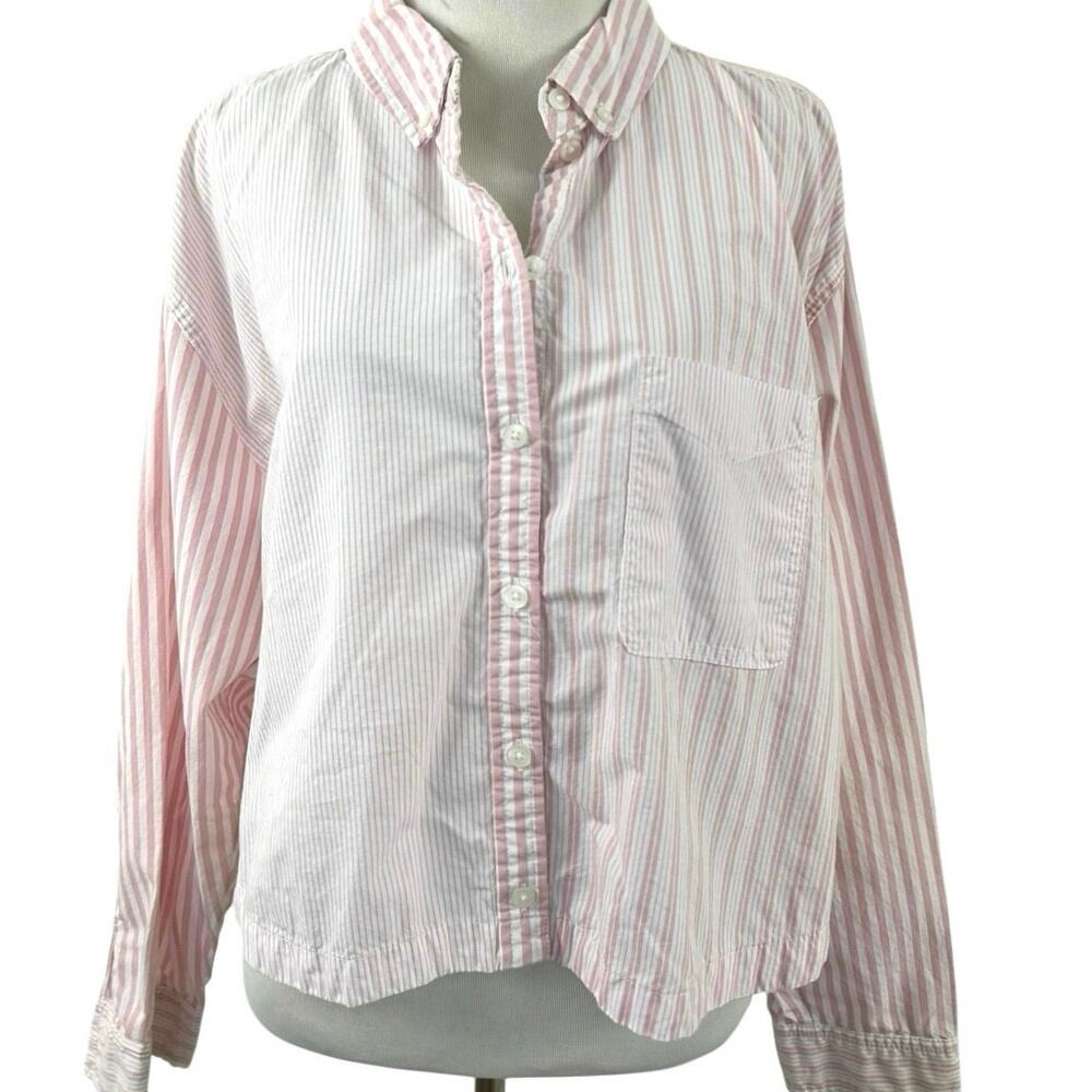 American Eagle Pink Stripe Button Front Shirt Womens Large Cotton Preppy